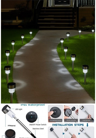 Beyaz Led Işıklı Solar Güneş Enerjili 2 Adet Metal Gövdeli Saplamalı Bahçe Lambası 30 Cm Beyaz Led 2 ADETLİ SET