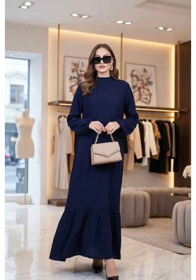 Polologin Butik Lacivert Hakim Yaka Volanlı Maxi Elbise - Balon Kol Detaylı Şık Tasarım Lacivert