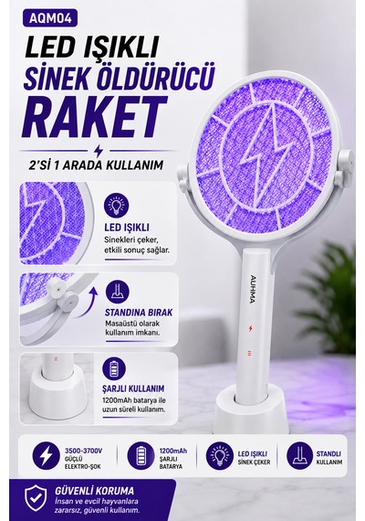 Aqm04 Şarjlı Elektrikli Auhma Sinek Öldürücü Raket 3500-3700v , Standlı Masaüstü Kullanım, Led Işıklı, 1200mah