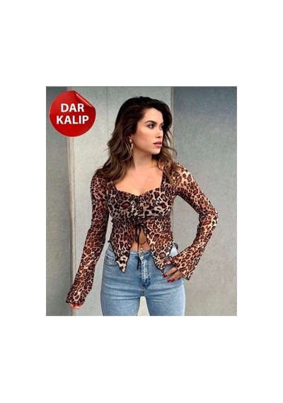 Moda Banuş Leopar Fantazi Tüllü Dar Kalıp Büzgülü Bluz Kahverengi