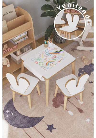 Resim Kağıdı Rulolu Çocuk Aktivite Masası 45x45 Cm 2 Sandalyeli Tavşan Sandalye Çok Renkli