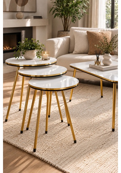 Sulorahome Gold Metal Leg 4-piece Coffee And Side Table Set Beyaz - Altın