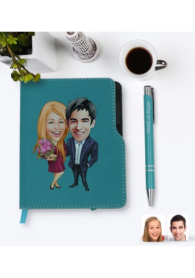 Kişiye Özel Sevgililer Karikatürlü Turkuaz Termo Deri Defter Kale N11.3566 Turkuaz