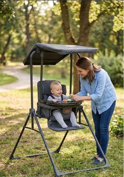 Yatarlı Tenteli Mama Tablalı Katlanır Keten Kumaş Ev Tipi Salıncak & Mama Sandalyesi