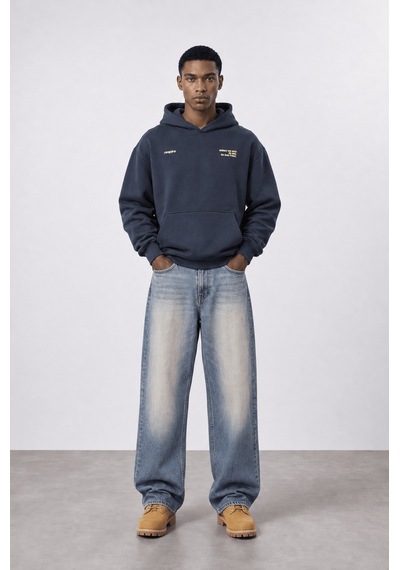 Respire Erkek Notbasic Baskılı Oversize Hoodie Lacivert