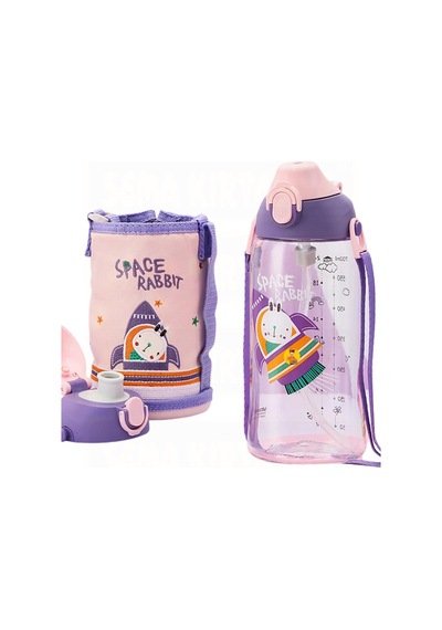 Uzspace Büyük Boy 700ml Kılıflı Askılı Pipetli/pipetsiz Iki Ayrı Kapaklı Tritan Çocuk Matarası Space Rabbit Mor-pembe Diğer