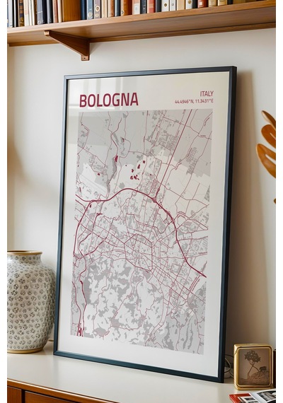 Bologna İtalya Italy Haritası Çerçeveli Tablo Lüks Salon Ofis Duvar Dekorasyonu Hediyelik Tablo
