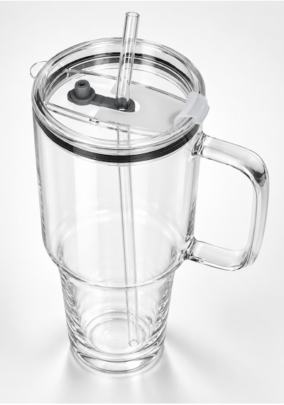 1200 Ml Borosilikat Cam Termos Cam Pipetli Kapaklı Kulplu Soğuk İçecek Bardağı Şeffaf