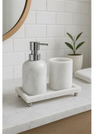 Akayev Mermer Beyaz 3 Parça Gümüş Ayak Banyo Seti Mutfak Sıvı Sabunluk Seti Beyaz