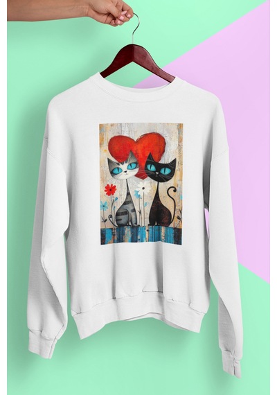 Magors Stıl-x Sevimli Kediler Baskılı Unısex Bisiklet Yaka Oversize Sweatshırt Beyaz-2