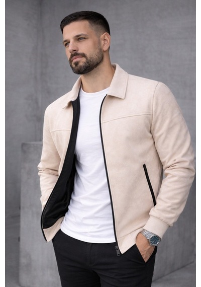 Baselco Basic Slim Fit Polo Yaka Süet Ceket Krem