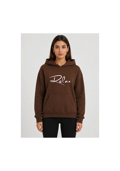 Herkesemoda Relax Baskılı Kapüşonlu 2 İplik Şardonlu Sweatshirt Kahverengi