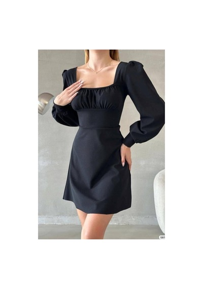 DefyModa Kadın Minimal Krep Kumaş Kare Yaka Uzun Kollu Elbise Siyah