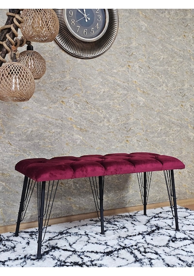 Zafir Metal Siyah Tel Ayaklı 100 Cm Puf Bench - Puf - Bench - Oturak - Mutfak Oturağı - Antre Oturağı Bordo