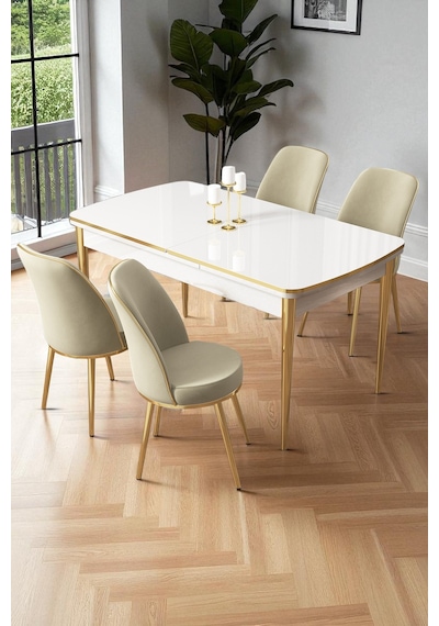 Canisa Nira Serisi 70x114 Mdf Açılabilir Beyaz Mutfak Masa Takımı 4 Krem Sandalye Gold Detay Beyaz Masa Krem Sandalye Ayaklar Gold Canisa Nira Serisi 70x114 Mdf Açılabilir Beyaz Mutfak Masa Takımı 4 Krem Sandalye Gold Detay Beyaz Masa Krem Sandalye Ayaklar Gold