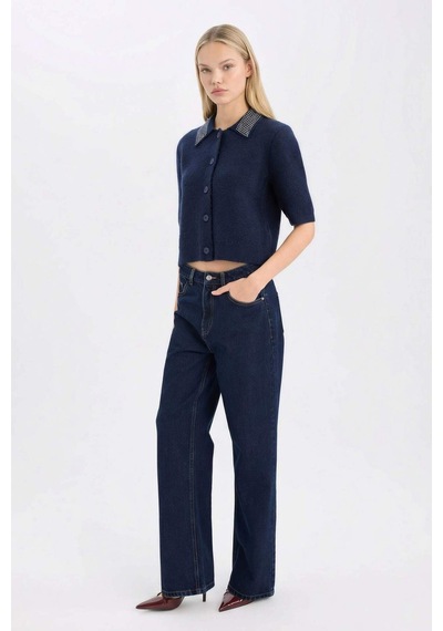 DeFacto Regular Fit Polo Yaka Basic Düz Düğmeli Triko Hırka E2288AX24WNNV134 Lacivert
