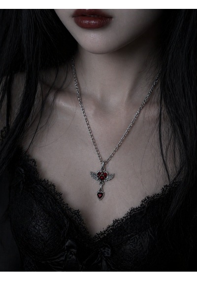 Kırmızı Kalp Kanatlı Gotik Kolye Gümüş Renk Zincir Unisex Çok renkli