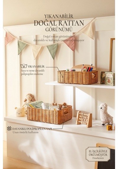 Ocean Home Textile 2'li Çocuk Odası Yıkanabilir Bej Pp Rattan Sepet Set 33 X 23 X 11 / 39 X 29 X 13 Cm