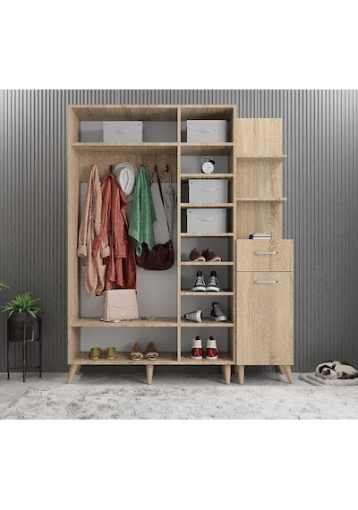 Açelya Portmanto Vestiyer Ayakkabılık Meşe M3 140cm Montaj Dahil