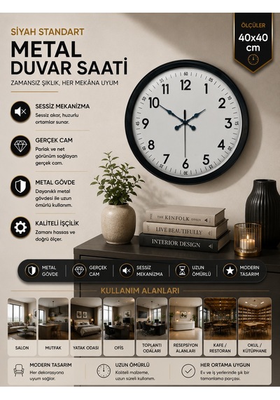 40 Cm Siyah Metal Standart Duvar Saati Standart Metal Siyah Kadran Pl-4005b