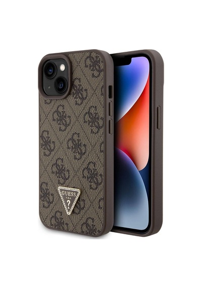 Apple Uyumlu iPhone 15 Kılıf Guess Lisanslı Pu Deri Taşlı Üçgen Logo 4g Desenli Strass Kapak Siyah