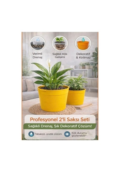 2'li Saksı Seti - 15 Pot Üretim + 1,8 Litre Sarı Dekoratif Kırılmaz Saksı Tabaksız Uyumlu
