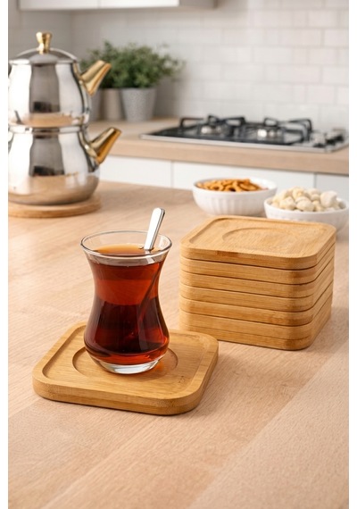 Bambu Kare Çay Tabağı Ve Altlığı Seti 6'lı Ahşap Bardak Altlığı & Çay Sunumluğu 00104