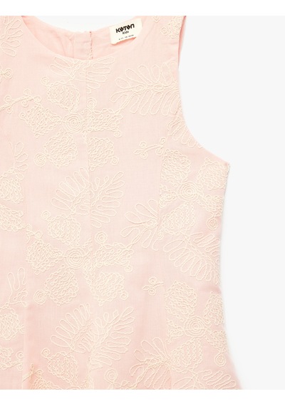 Koton Pamuklu Kolsuz Bisiklet Yaka Brodeli Elbise Pembe 6skg80198aw Gül