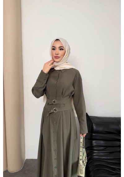 Mihran Butik Valeno Model Coupra Model Kumaş Kemer Detaylı Elbise Haki