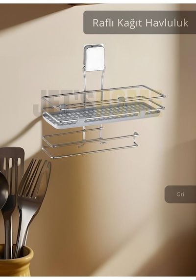Jet's Home Yapışkanlı Raflı Kağıt Havluluk Paslanmaz Peçetelik Çelik Banyo Havluluk Düzenleyici Gri Gri