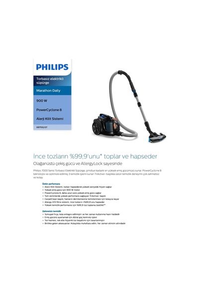 Philips 7000 Serisi Marathon Daily Torbasız Elektrikli Süpürge, 750w, Powercyclone 8, Alerji Kilit Sistemi, Carpetclean Diğer Philips 7000 Serisi Marathon Daily Torbasız Elektrikli Süpürge, 750w, Powercyclone 8, Alerji Kilit Sistemi, Carpetclean Diğer