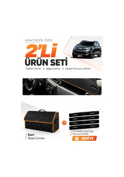 Dacia Duster 3 Nesil 2024-2026 Uyumlu Torpido Örtüsü + Deri Çanta + Sticker - Siyah Kahverengi