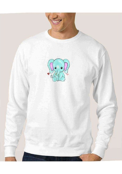 Kawaii Baby Elephants Baskılı Beyaz Erkek Örme Sweatshirt