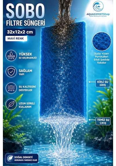 Sobo Akvaryum Filtre Süngeri 32x12x2 Cm - Üstün Temizlik Gücü Ve Yüksek Su Geçirgenliği - Mavi Renk