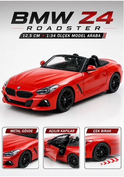 Oyuncak Bmw Z4 Diecast Açılır Kapılı Çek Bırak Metal Roadster Cabrio Model Spor Araba 1:34 Ölçek 12,5 Cm Kırmızı