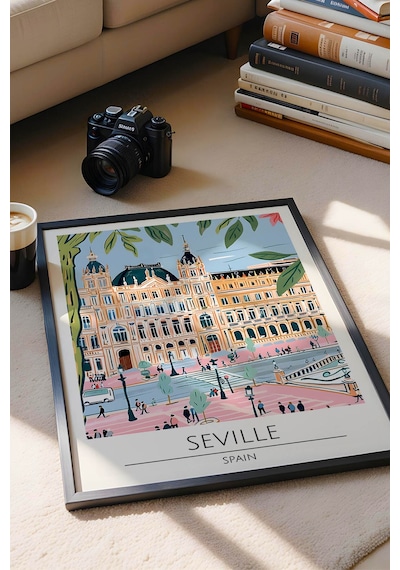 İspanya Seville Temalı Çerçeveli Tablo Travel Serisi Modern İllüstrasyon Şehir Duvar Dekoru Siyah