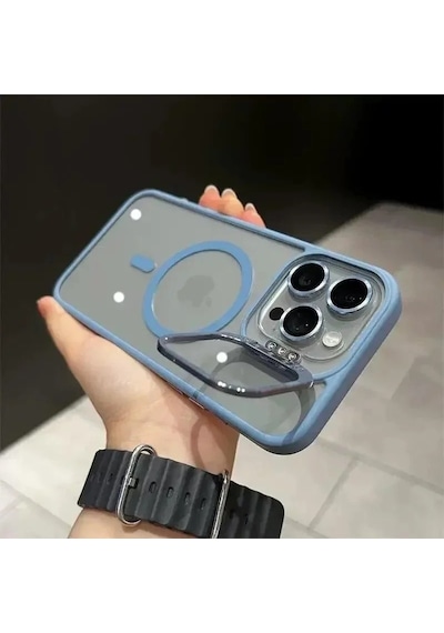 İphone 16 Pro Max Uyumlu Kılıf Klon Stantlı + Lens Korumalı Magsafe Telefon Kılıfı Açık Mavi