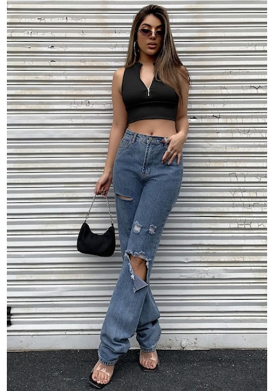 Alfa Aksesuar 03 Kadın Siyah Yarım Fermuarlı Sıfır Kol Crop Top Bluz