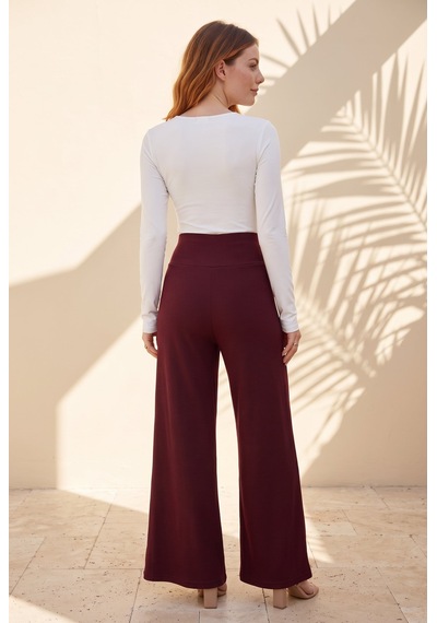 Soulshae Yüksek Bel Kloş Krep Pantolon Bordo