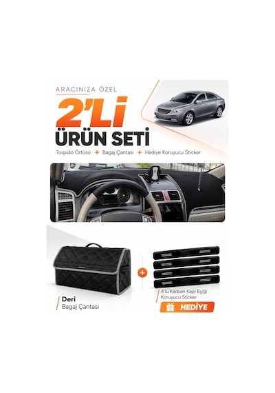 Geely Emgrand Ec7 2009-2014 Uyumlu Torpido Örtüsü + Deri Bagaj Çantası + Sticker Seti - Siyah Gri