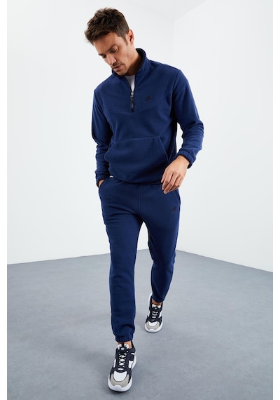 Tommy Life İndigo Yarım Fermuar Dik Yaka Lastik Paça Polar Erkek Eşofman Takımı - 85159 İndigo