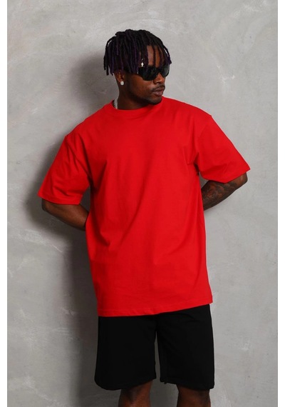 Oversize Düz Bisiklet Yaka T-shirt - Kırmızı - -Çok Renkli