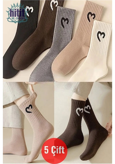 Hitit Socks Kadın 5 Çift Premium Yüksek Pamuklu Yeni Kalp Desenli Casual Çorap Çok Renkli ASORTİ
