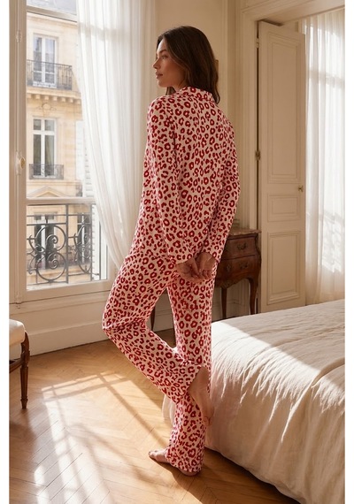 Fit Women Kadın Gömlek Yakalı Rahat Ev Giyimi Kırmızı Pijama Takımı