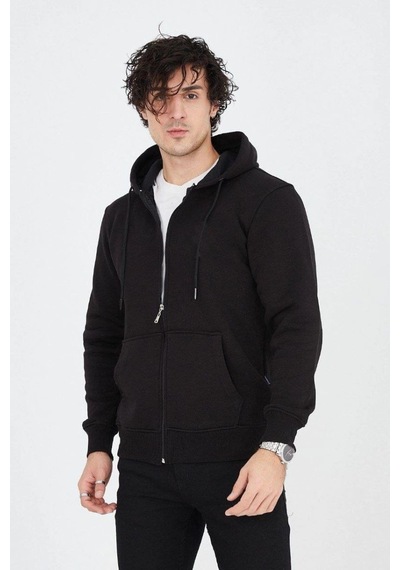 Mbb E-ticaret Erkek 3 İplik Pamuklu Fermuarlı Kapüşonlu Kanguru Cepli Hoodie Hırka Sweatshirt - Siyah