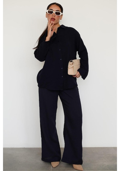 Madmext Lacivert Basic Kadın Gömlek Pantolon Takım Mg2461 Lacivert