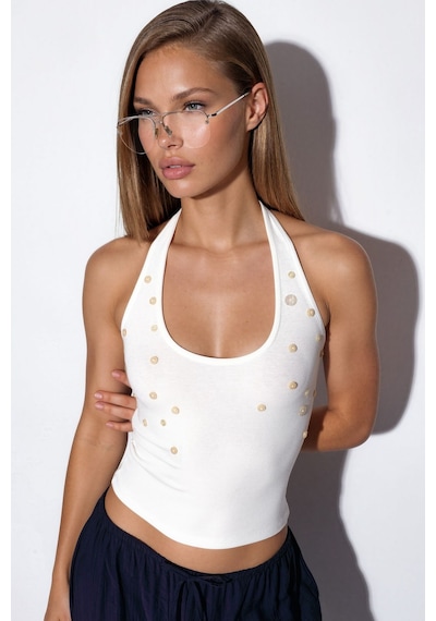 Hiccup Busem İşlemeli Slim Fit Kolsuz Bluz Beyaz