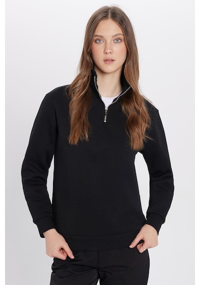 Tudors Unisex Relax Fit Rahat Kesim Pamuklu İçi Polarlı Yarım Fermuarlı Siyah Dik Yaka Sweatshirt-29035