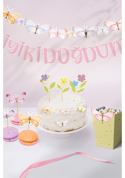 Kelebek Ve Çiçekler Temalı Doğum Günü Konsepti Süsleme Seti , Cupcake Süsü Flama Etiket Dijital Baskı