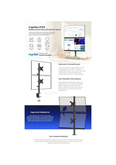 Tr Ef63 Steel Design 2-8 Kg Çift Ekran Asansörlü 13-32 Desktop Monitör Standı